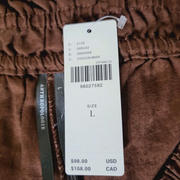 Anthropologie Somerset Linen Shorts in Cocoa Brown L Beachy Smocked New MSRP $98 - Picture 4 of 13